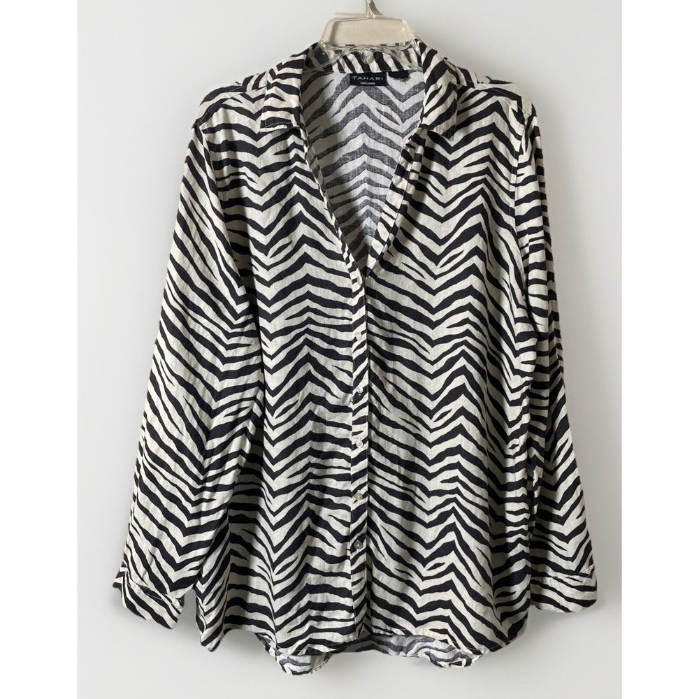 TAHARI LINEN ZEBRA PRINT BUTTON FRONT SIZE Large Long Sleeve Tunic Collared